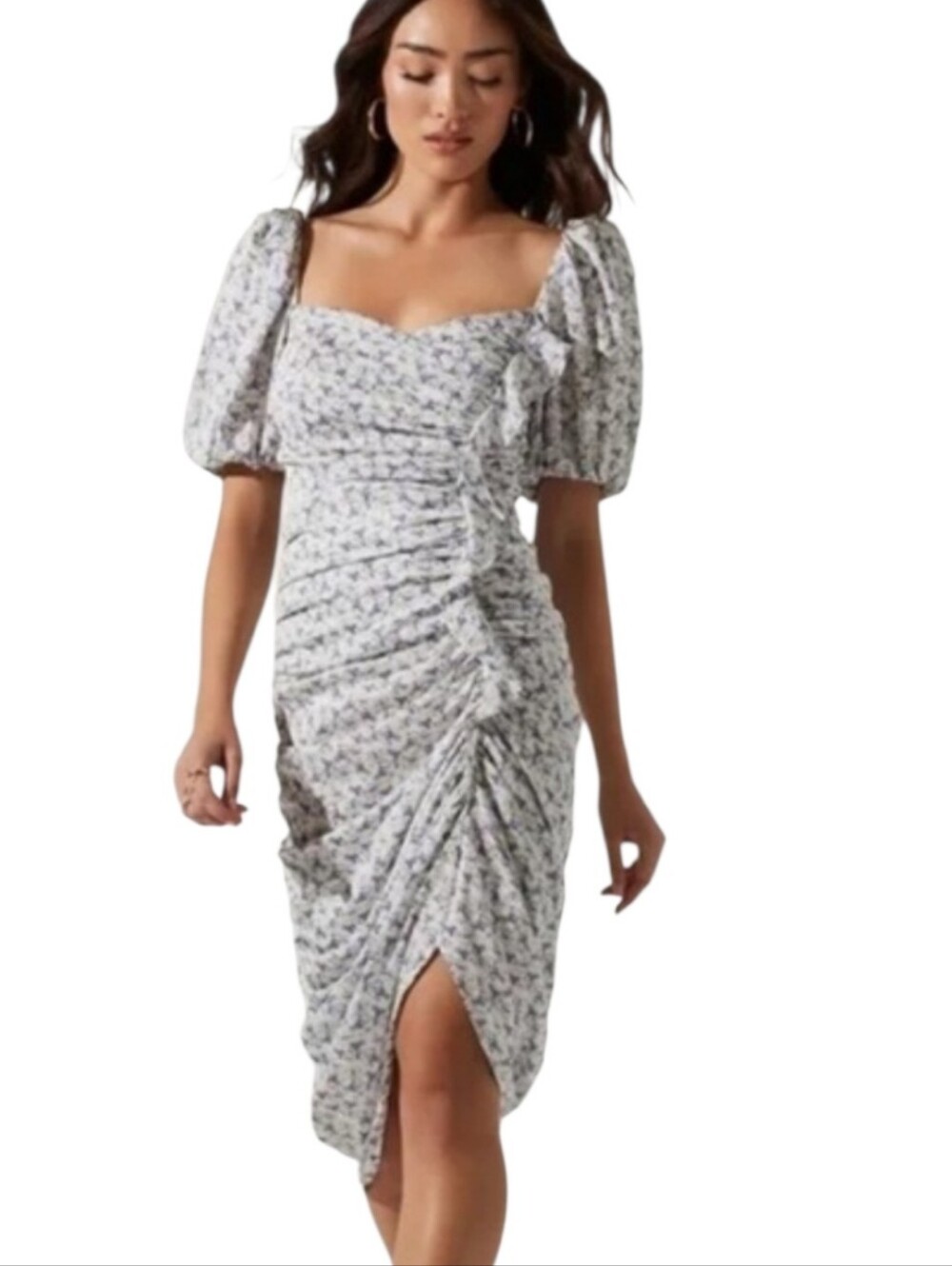 ASTR the Label Emma Ruched Puff Sleeve Floral Midi Dress Slit